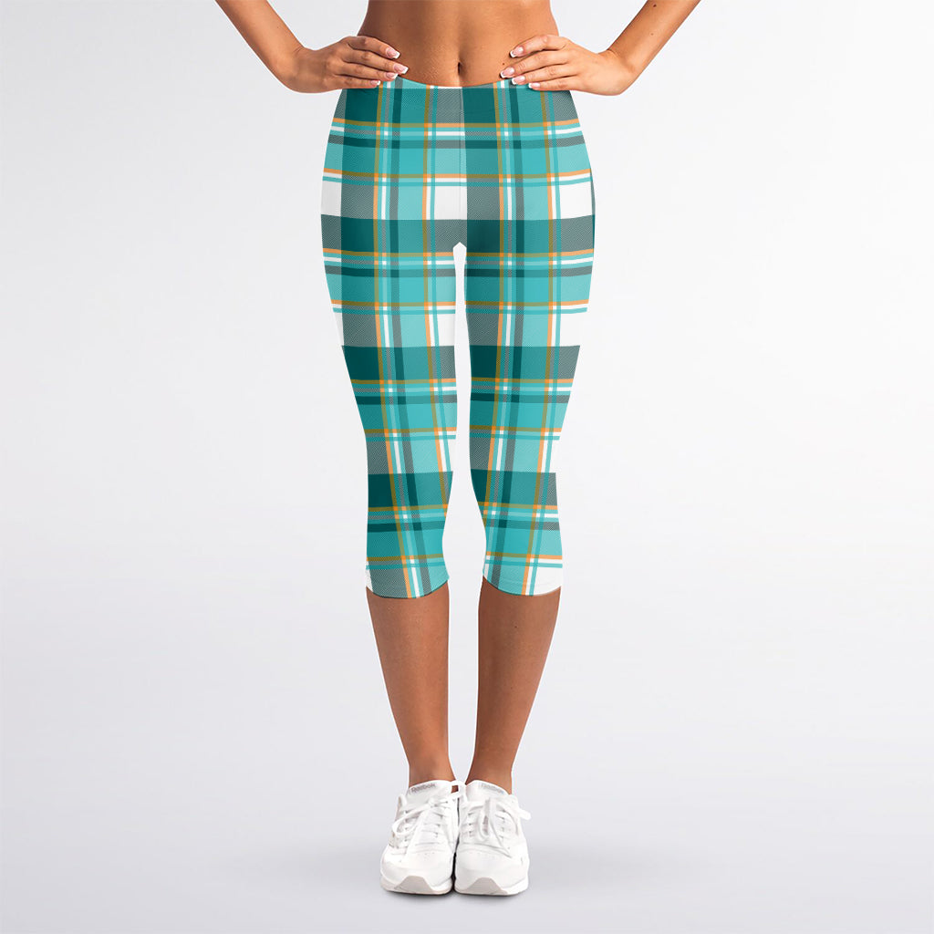 Teal Madras Pattern Print Women's Capri Leggings