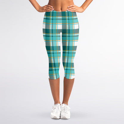 Teal Madras Pattern Print Women's Capri Leggings