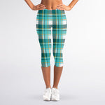 Teal Madras Pattern Print Women's Capri Leggings