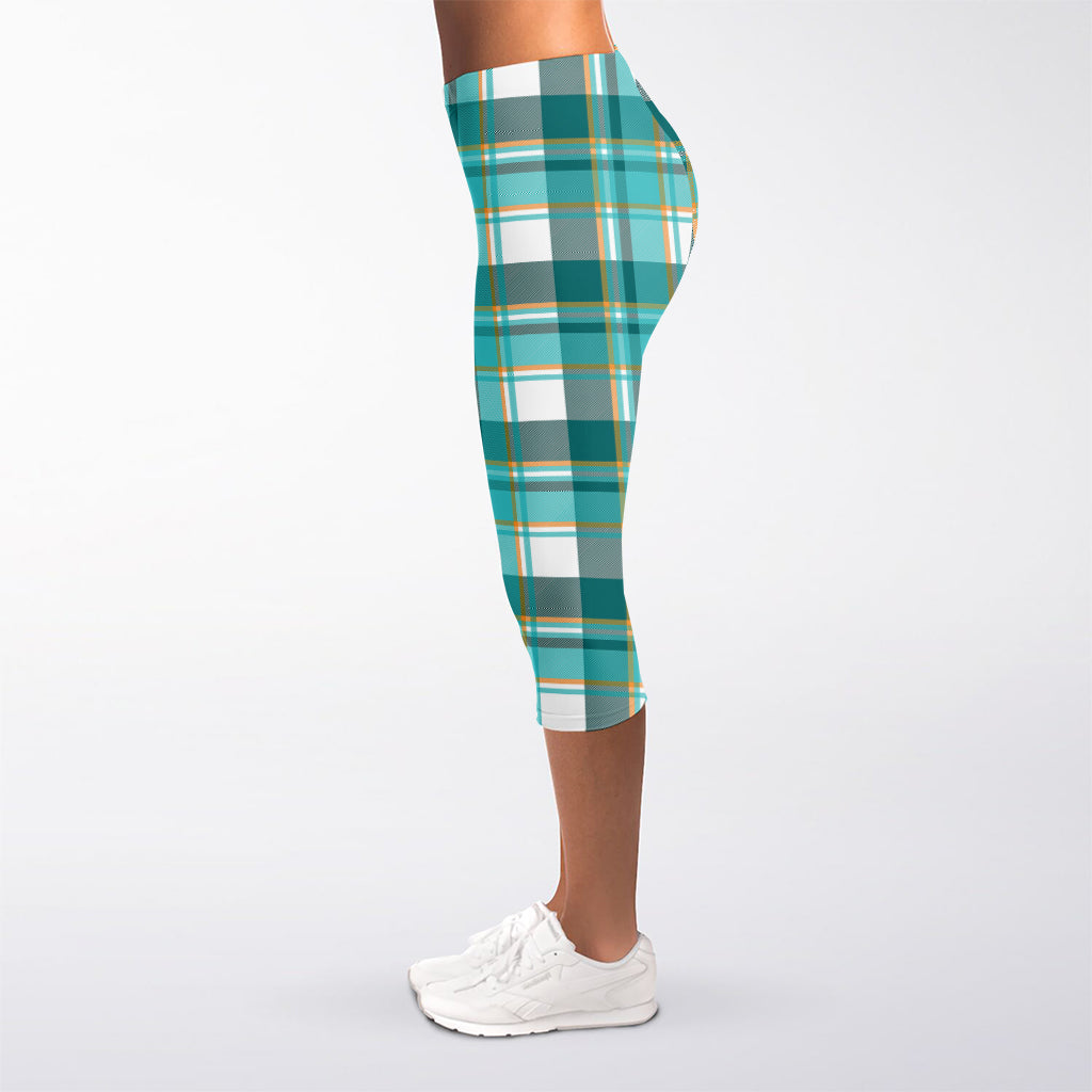 Teal Madras Pattern Print Women's Capri Leggings