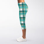 Teal Madras Pattern Print Women's Capri Leggings