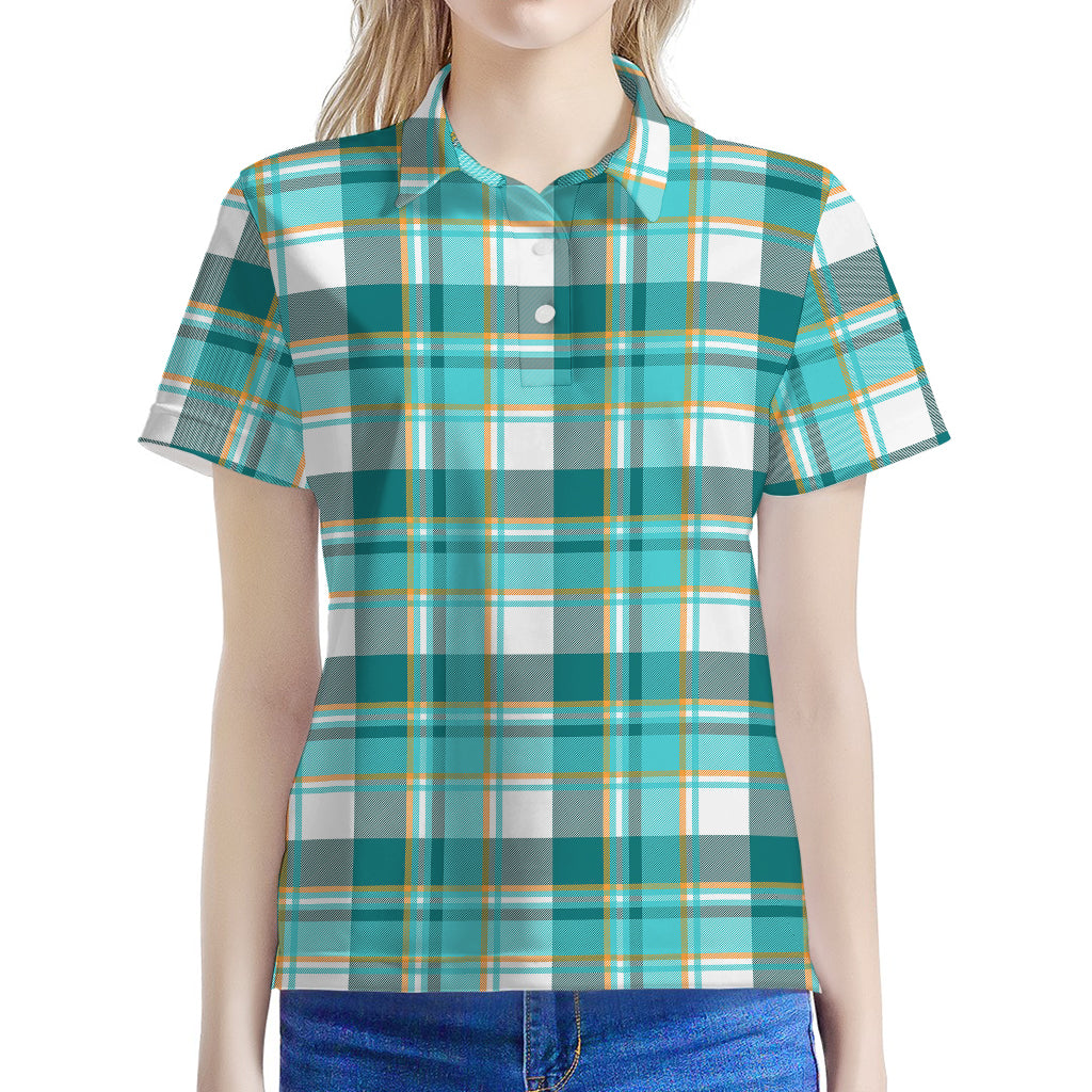 Teal Madras Pattern Print Women's Polo Shirt