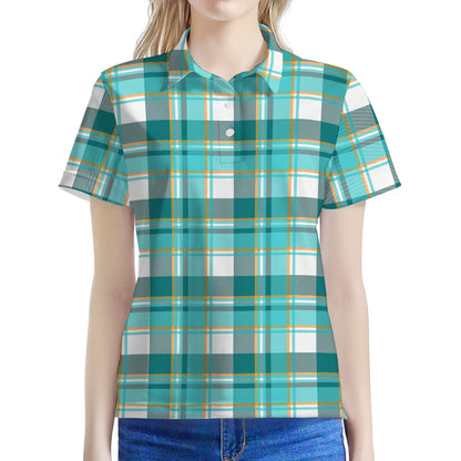 Teal Madras Pattern Print Women's Polo Shirt