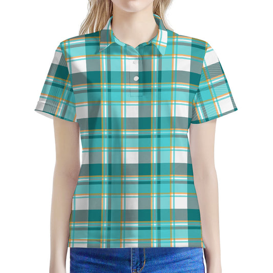 Teal Madras Pattern Print Women's Polo Shirt
