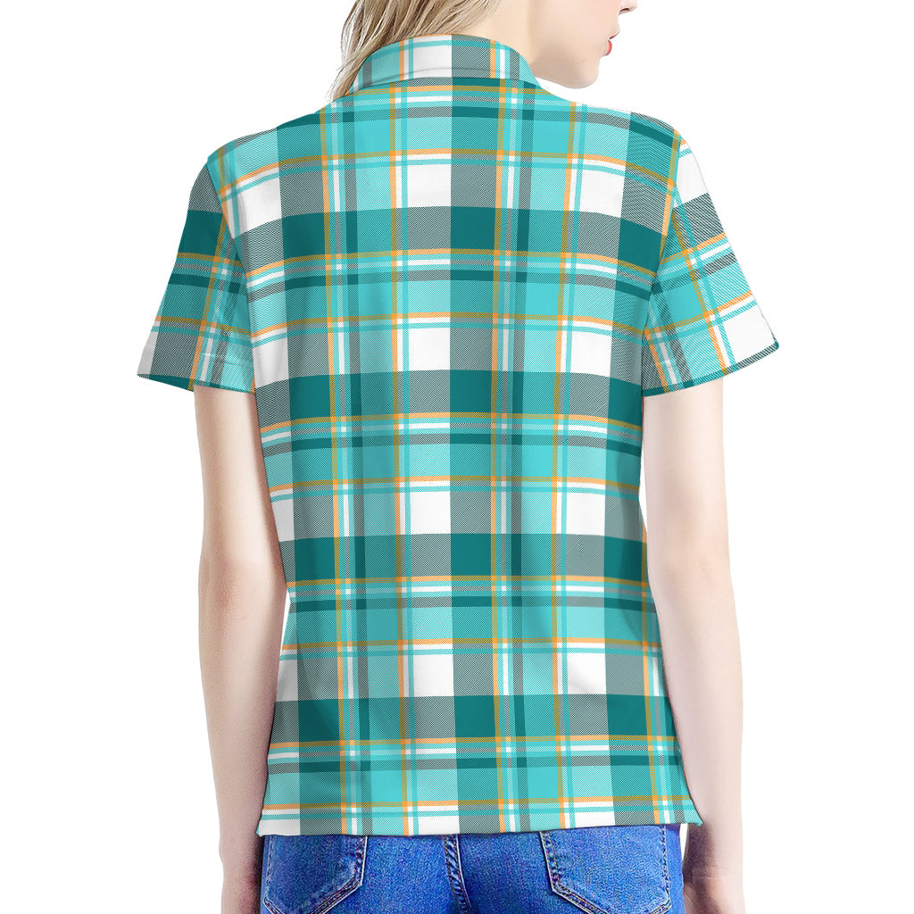 Teal Madras Pattern Print Women's Polo Shirt