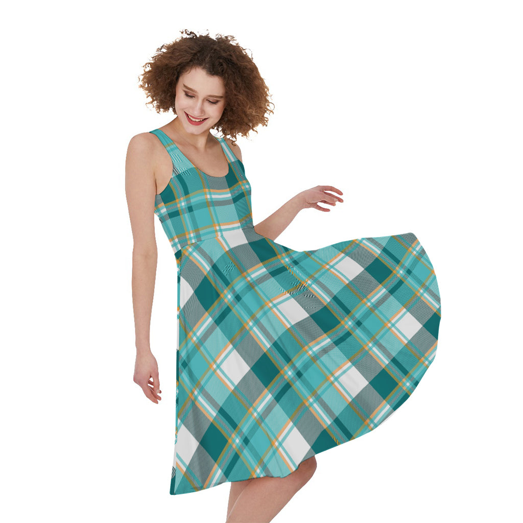 Teal Madras Pattern Print Women's Sleeveless Dress