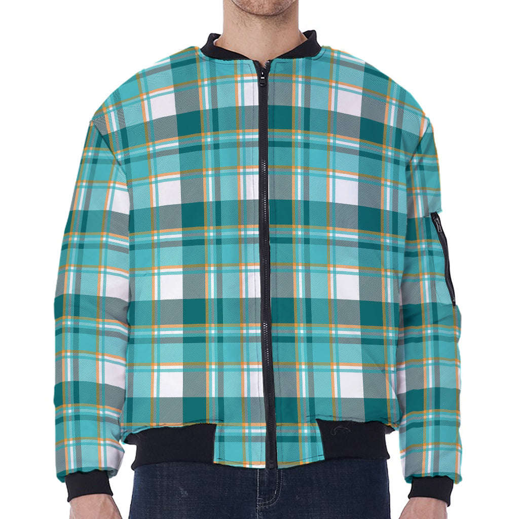 Teal Madras Pattern Print Zip Sleeve Bomber Jacket