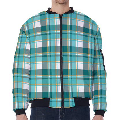 Teal Madras Pattern Print Zip Sleeve Bomber Jacket