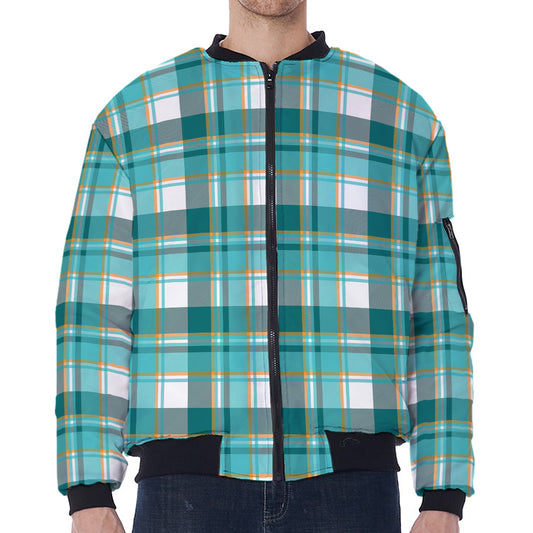 Teal Madras Pattern Print Zip Sleeve Bomber Jacket