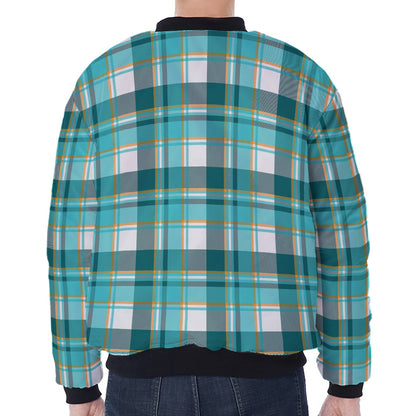 Teal Madras Pattern Print Zip Sleeve Bomber Jacket