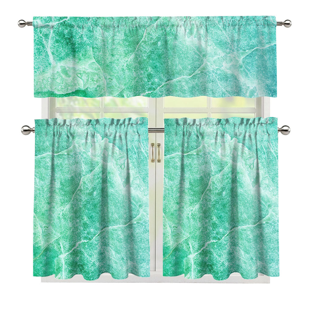 Teal Marble Print 3 Piece Kitchen Curtains