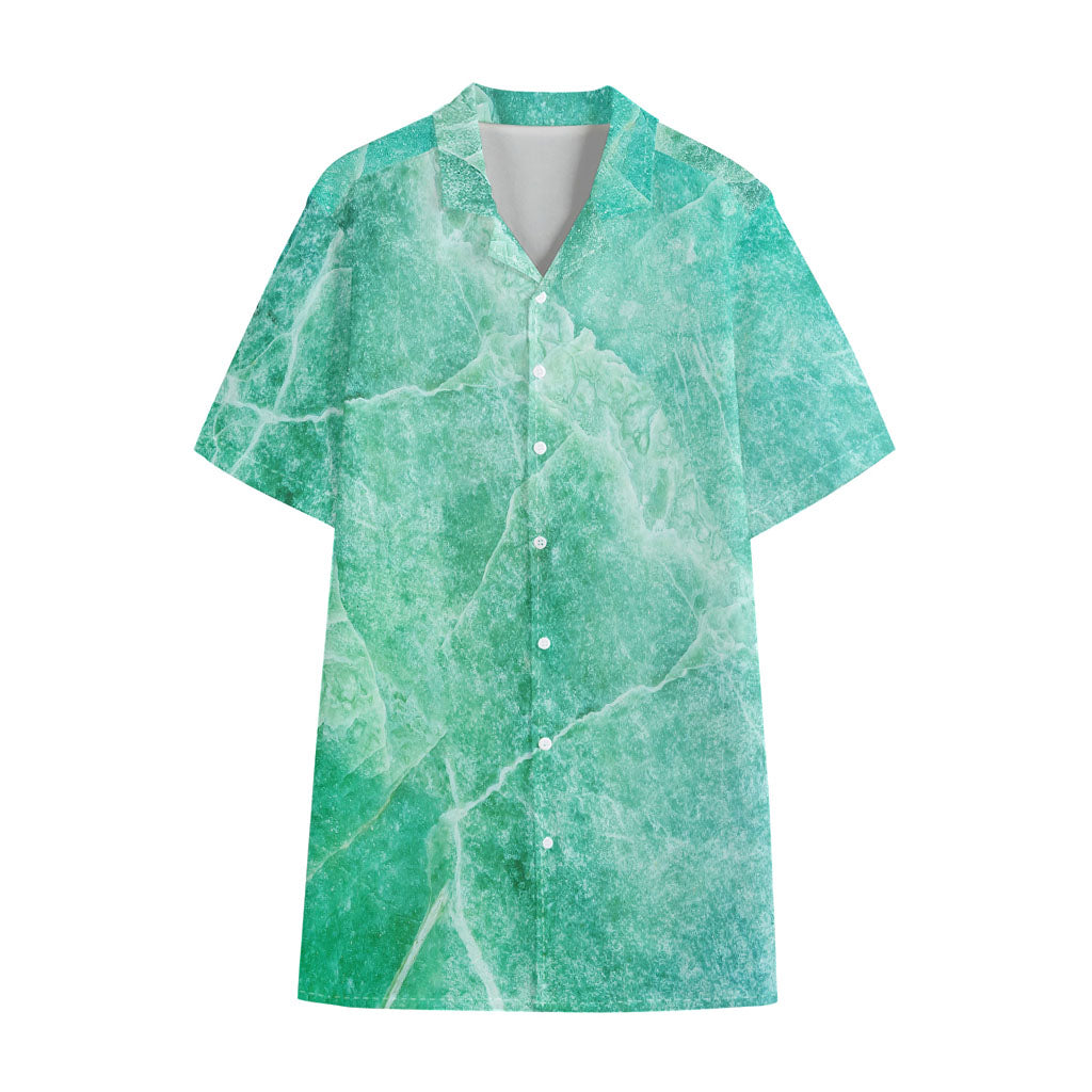 Teal Marble Print Cotton Hawaiian Shirt