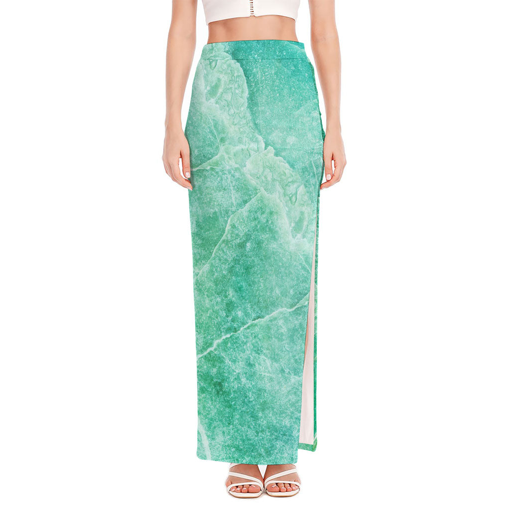 Teal Marble Print High Slit Maxi Skirt