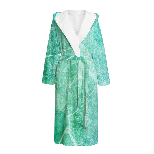 Teal Marble Print Hooded Bathrobe