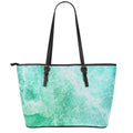 Teal Marble Print Leather Tote Bag With Zipper