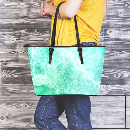 Teal Marble Print Leather Tote Bag
