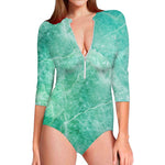 Teal Marble Print Long Sleeve Swimsuit