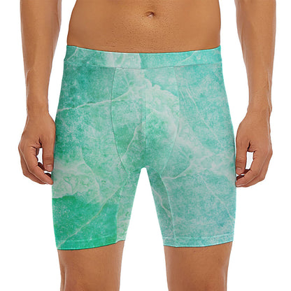 Teal Marble Print Men's Long Boxer Briefs