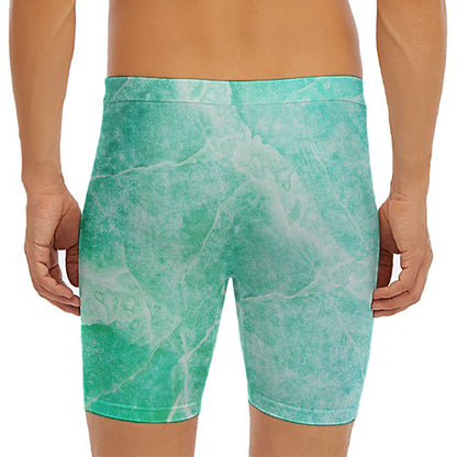 Teal Marble Print Men's Long Boxer Briefs