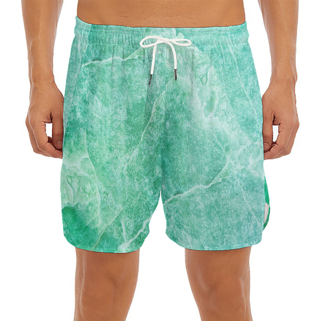 Teal Marble Print Men's Split Running Shorts