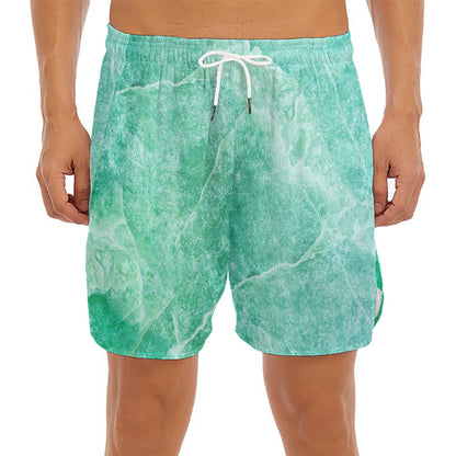 Teal Marble Print Men's Split Running Shorts