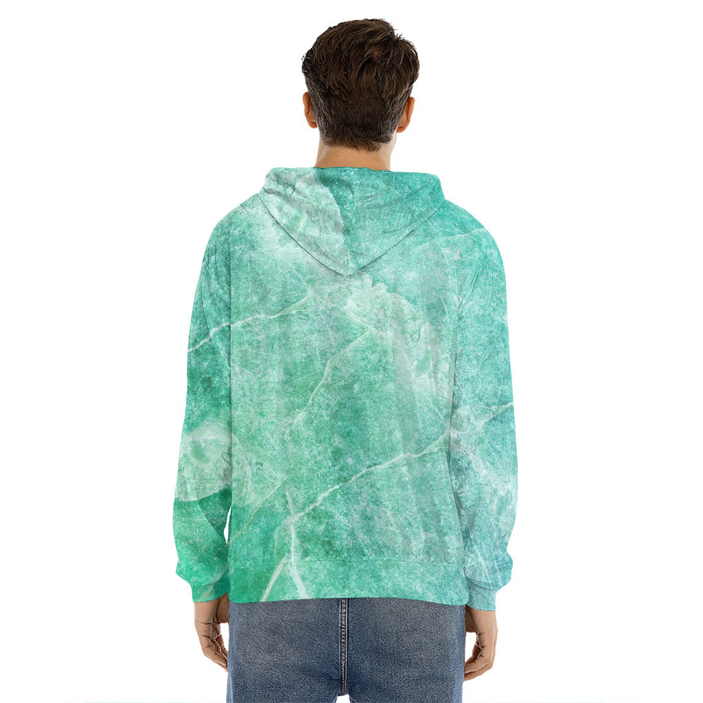 Teal Marble Print Men's Velvet Pullover Hoodie