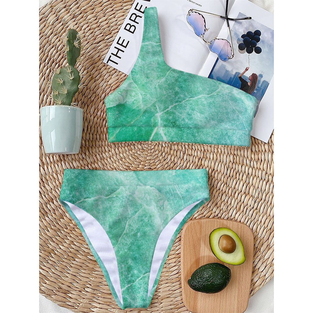 Teal Marble Print One Shoulder Bikini Top
