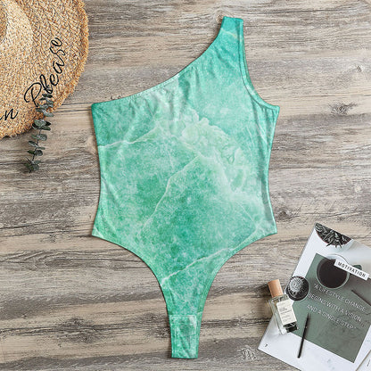 Teal Marble Print One Shoulder Bodysuit