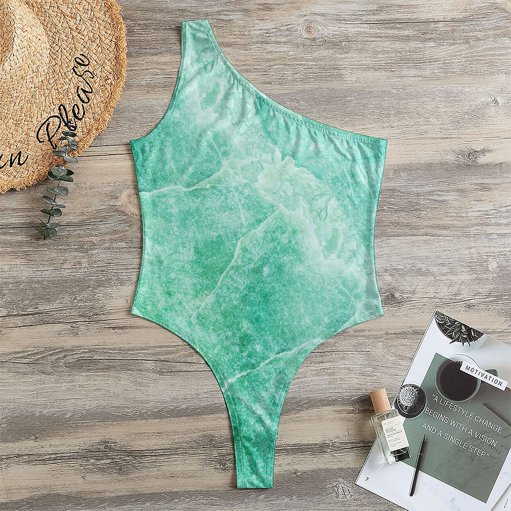 Teal Marble Print One Shoulder Bodysuit
