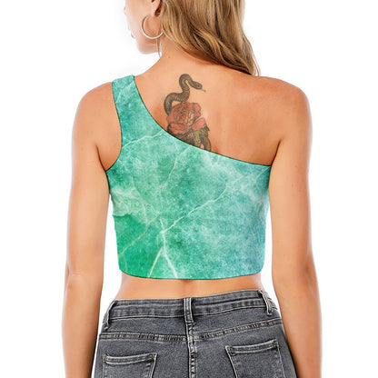 Teal Marble Print One Shoulder Crop Top