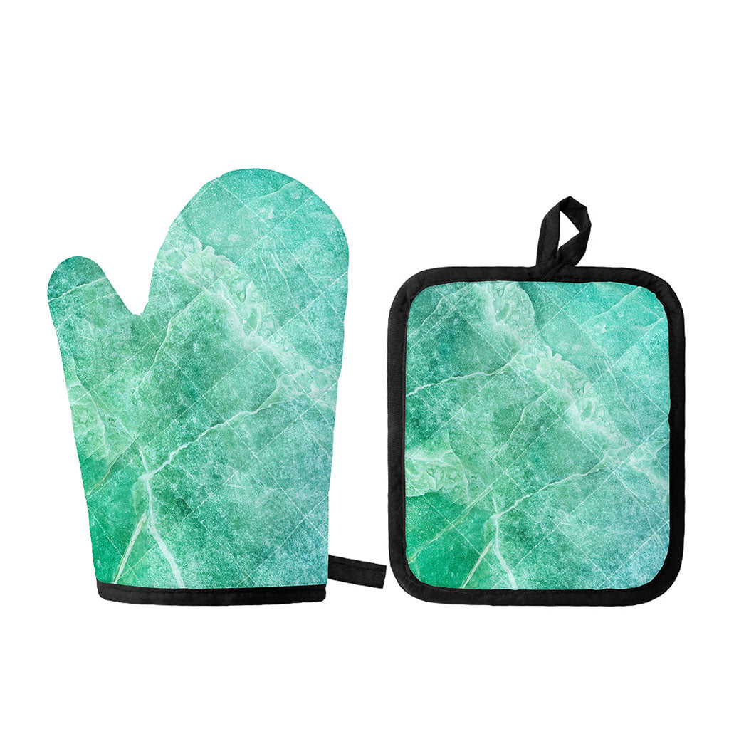 Teal Marble Print Oven Mitt And Pot Holder Set