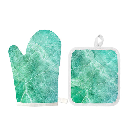 Teal Marble Print Oven Mitt And Pot Holder Set