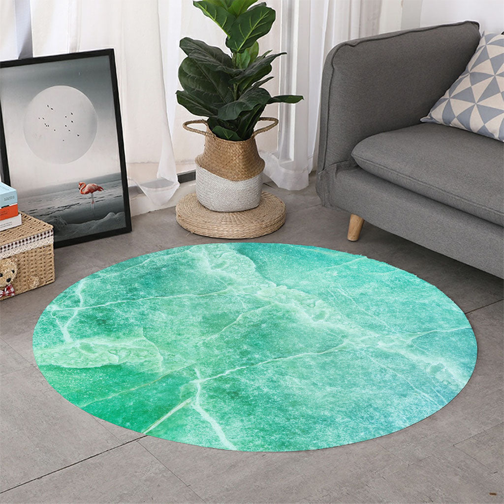 Teal Marble Print Round Rug
