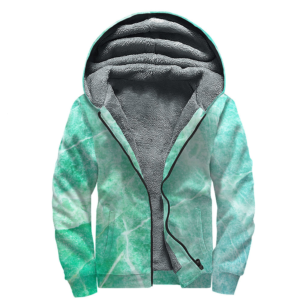 Teal Marble Print Sherpa Lined Zip Up Hoodie