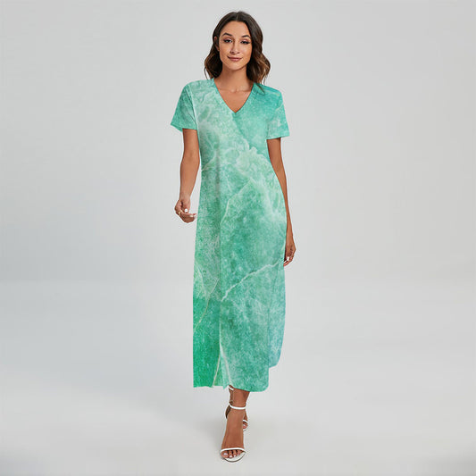 Teal Marble Print Short Sleeve Maxi Dress