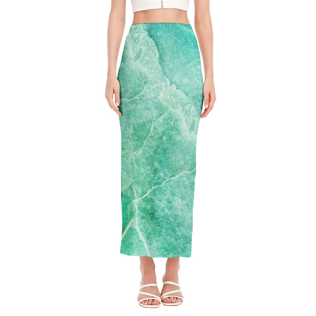 Teal Marble Print Side Slit Maxi Skirt