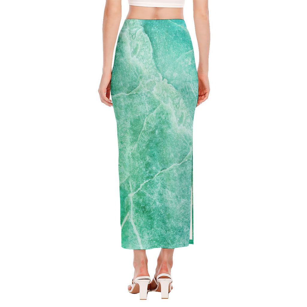Teal Marble Print Side Slit Maxi Skirt