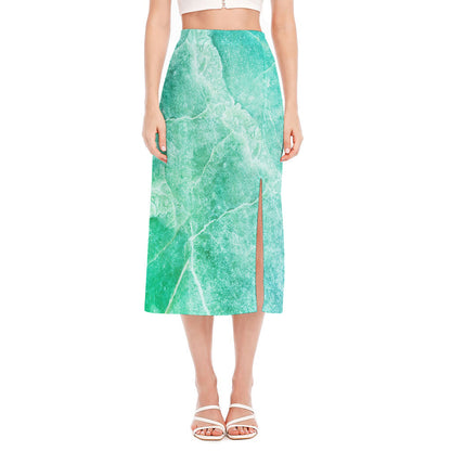 Teal Marble Print Side Slit Midi Skirt