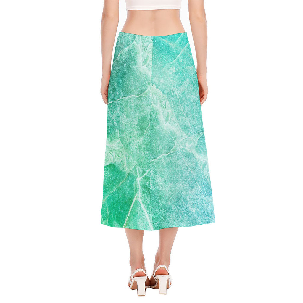 Teal Marble Print Side Slit Midi Skirt