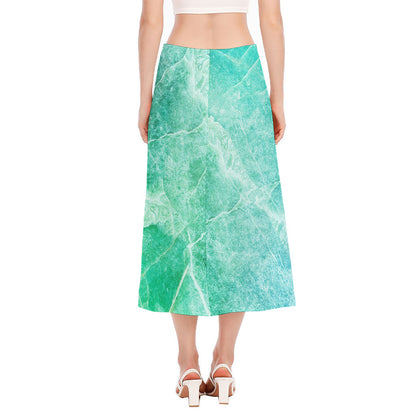 Teal Marble Print Side Slit Midi Skirt
