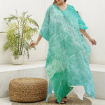 Teal Marble Print Silk V-Neck Kaftan Dress