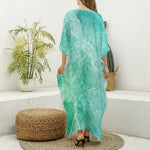 Teal Marble Print Silk V-Neck Kaftan Dress