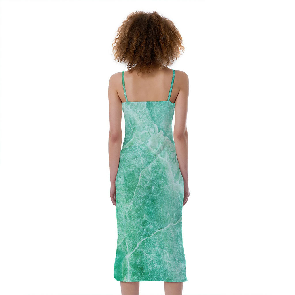 Teal Marble Print Slim Fit Midi Cami Dress