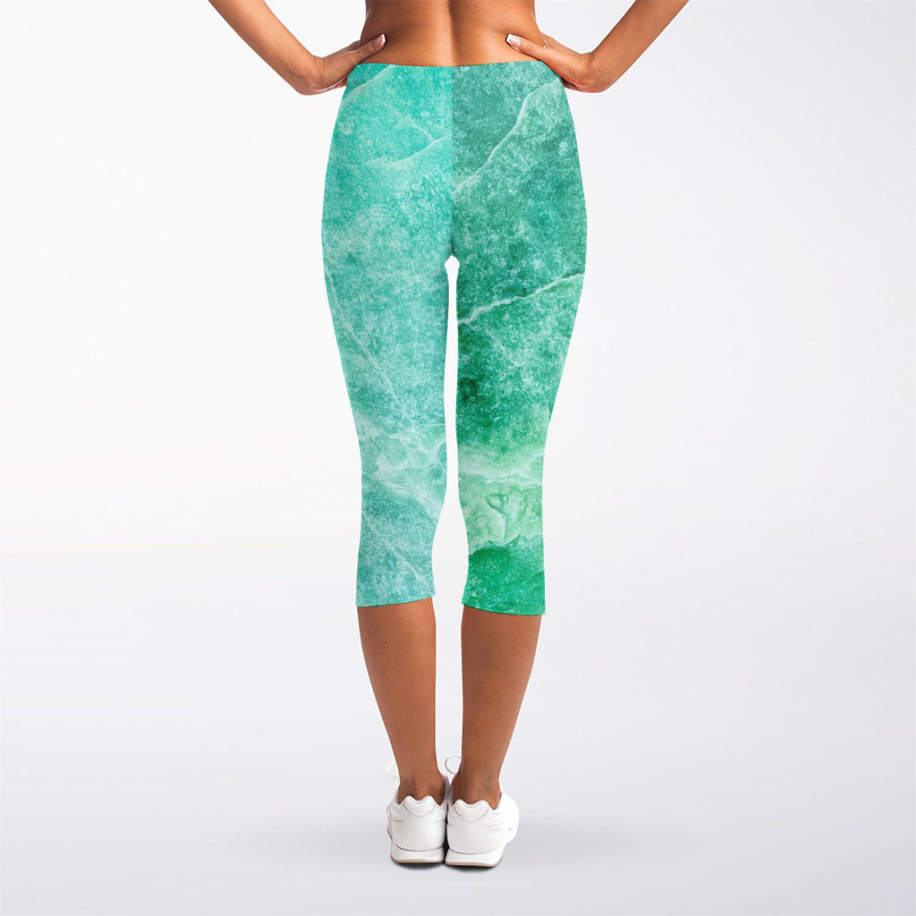 Teal Marble Print Women's Capri Leggings