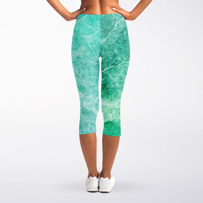 Teal Marble Print Women's Capri Leggings