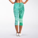 Teal Marble Print Women's Capri Leggings