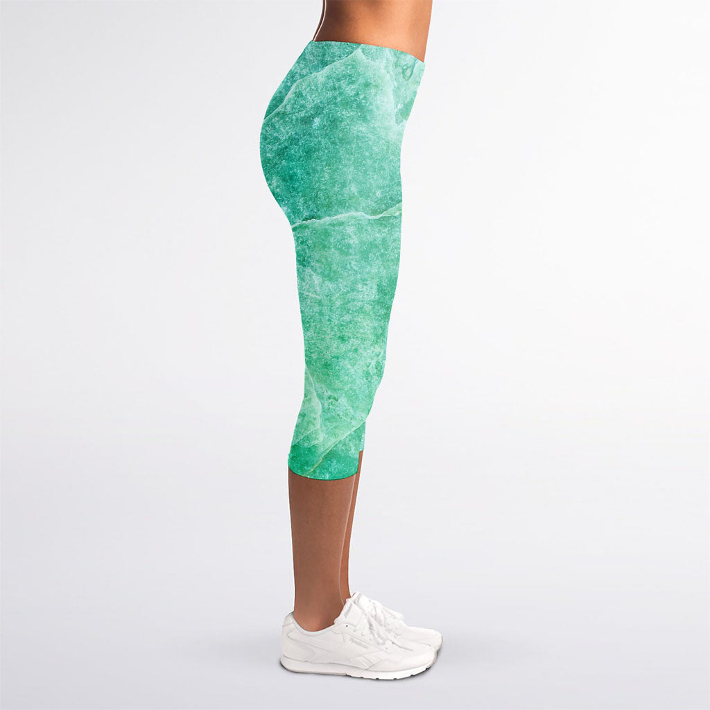 Teal Marble Print Women's Capri Leggings