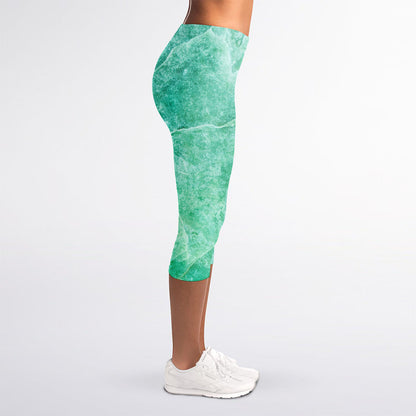 Teal Marble Print Women's Capri Leggings