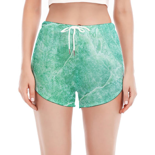 Teal Marble Print Women's Split Running Shorts