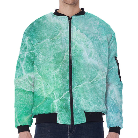 Teal Marble Print Zip Sleeve Bomber Jacket